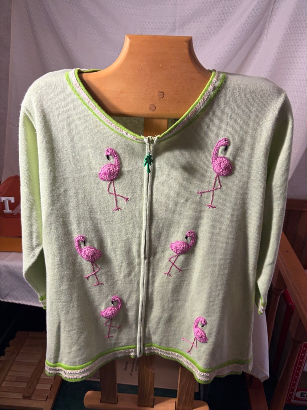 Storybook Knits Light Green Cardigan with Pink Flamingo Embroidery